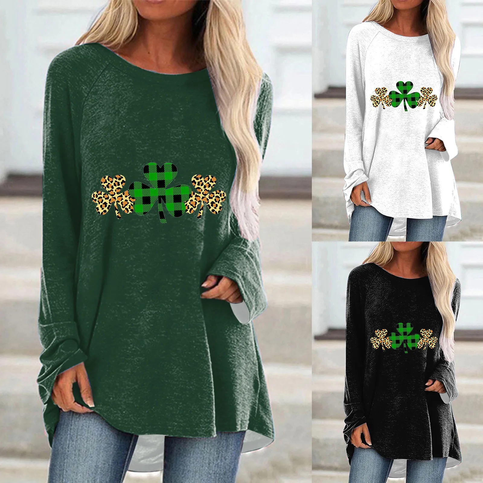 

Fall Clothes Women Four Leaf Printed Crewneck Long Sleeve Loose Casual Foreign Trade Border Ladies Several Top V Neck Top Cotton