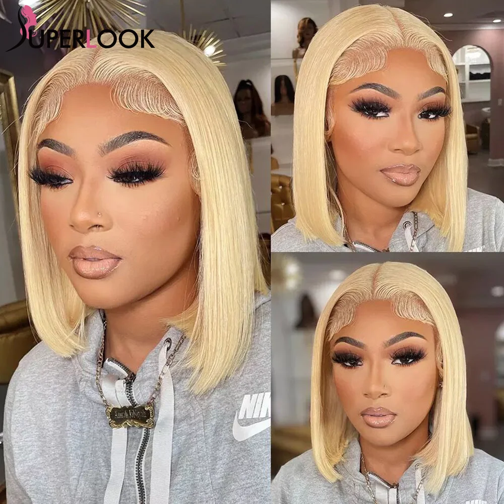 

Blonde Short Bob Wigs Pre Plucked 613 Honey Blonde T Part Lace Front Wig 4x4 Lace Closure Straight Human Hair Wigs For Women