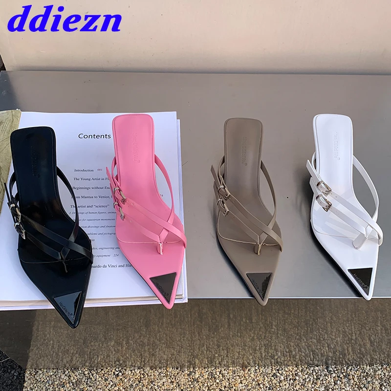 

2023 Fashion Metal Ladies High Heels Shoes Slides Pointed Toe Pumps Woman Heeled Sandals Slip On Female Footwear Flip Flops