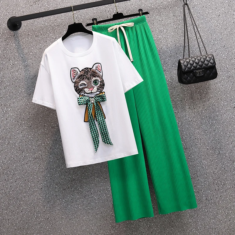 

Fashion Two Piece Set Summer Clothes For Women Dresy Damskie Casual Wide Leg Pants Cartoon T Shirt Suits Female clothes big 4XL