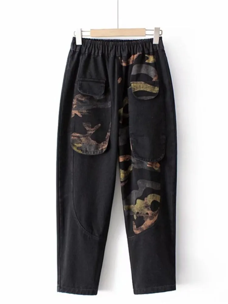 

Plus Size Women Clothing Boyfriend Jeans Ankle-Length Harem Pants LOOSE HIGH Waist VINTAGE Printed Patch Bottoms