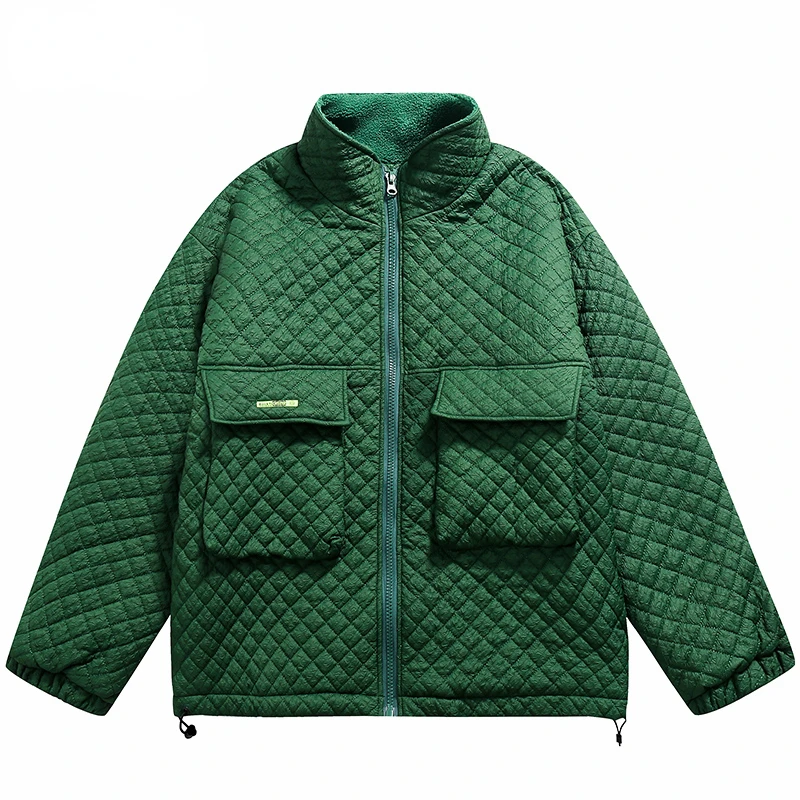 Hip Hop Streetwear Men Jacket Coat Retro Plaid Pockets Harajuku Jacket Parka Autumn Winter Unisex Outwear High Street Green