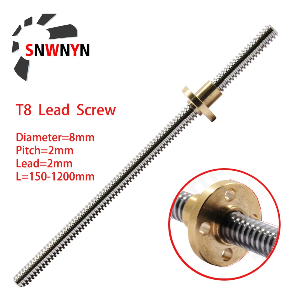 T8 Lead Screw OD 8mm Lead 2mm Pitch 2mm 150 200 250 300 350 400 500 600 1000 1500mm With Brass Nut For Reprap 3D Printer Z Axis