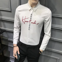 2022 korean fashion tight and small design men shirt casual button down long sleeve white black embroidery shirts plus size 5xl