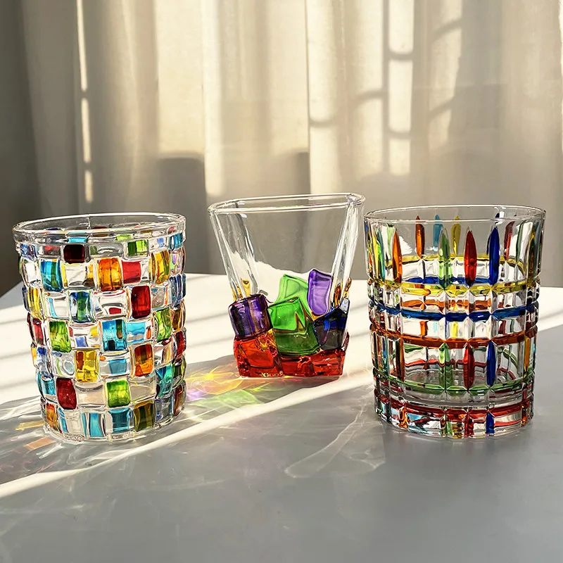 

Crystal Whisky Glass Wine Cups Rainbow Pattern Italian Hand Drawn Design Home KTV Party Presents Drinking Utensils About 300ML