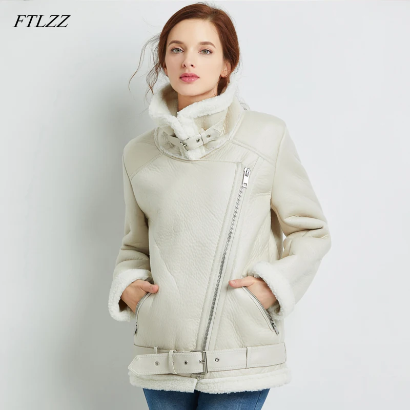 FTLZZ 2022 New Women Sheepskin Coats Winter Thicken Faux Leather Fur Female Coat Fur Lining Leather  Aviator Jacket