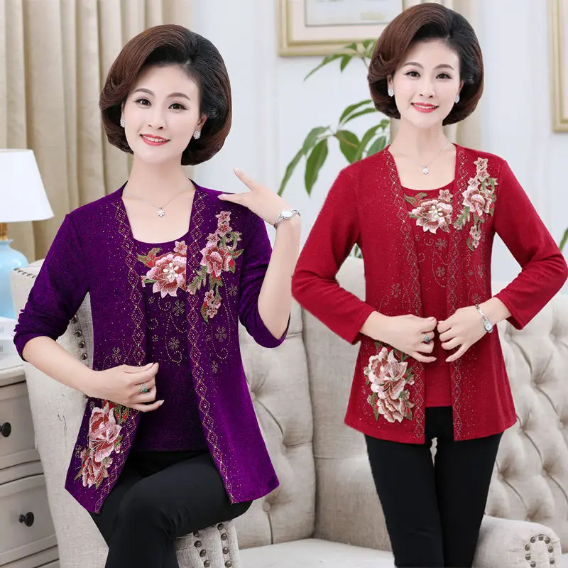 

Женская футболка, новинка весны 2023, рубашки с длинным рукавом и имитацией двух частей, топы, женская одежда для мам среднего возраста, женски...