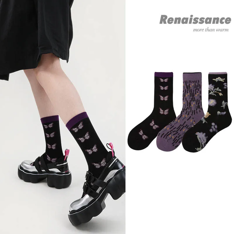 WYXCEN 3 Pairs/Set Renaissance Women's Socks 2022 Fall Retro Cartoon Socks Women's Cotton Socks Striped Trend Socks