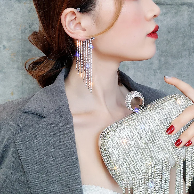

BRIGHT DIAMOND EARRING Fashion Temperament Cold Wind Net Red Long Crystal Tassel Ladies Wild Single Ear Clip