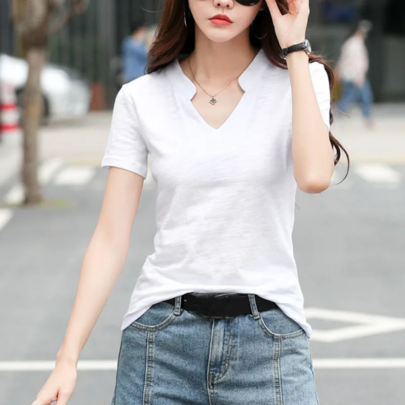 Свободная хлопковая футболка с коротким рукавом женские футболки v-образным