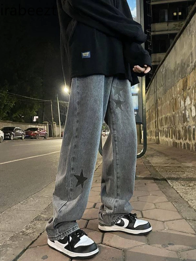 

Джинсы Irabeezt с принтом звезд, женские повседневные облегающие прямые брюки с широкими штанинами, мужские весенне-осенние новые модные уличн...