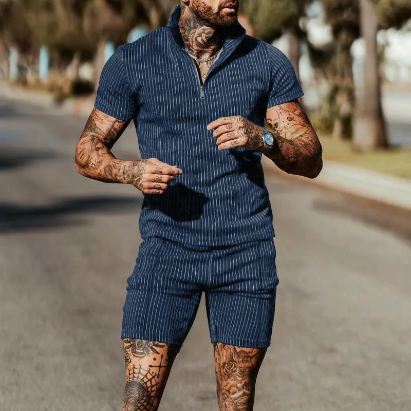 New Vertical Stripe Printed Men's POLO Shirt Suit Summer Fashion Outdoor Running Sportswear Men's Casual T-Shirt Shorts
