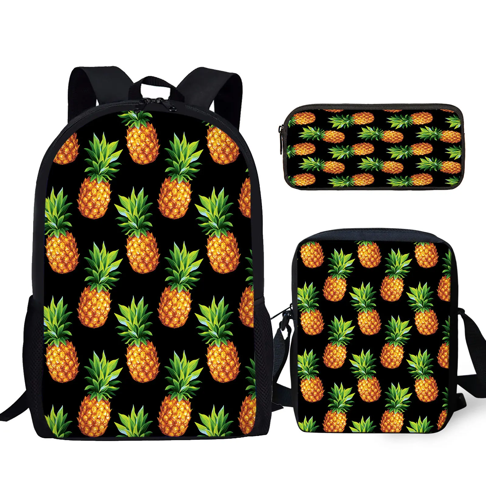 

YIKELUO 3D Pineapple Design Teen Laptop Backpack Student Textbook Knapsack Black Adjustable Shoulder Strap Messenger Bag