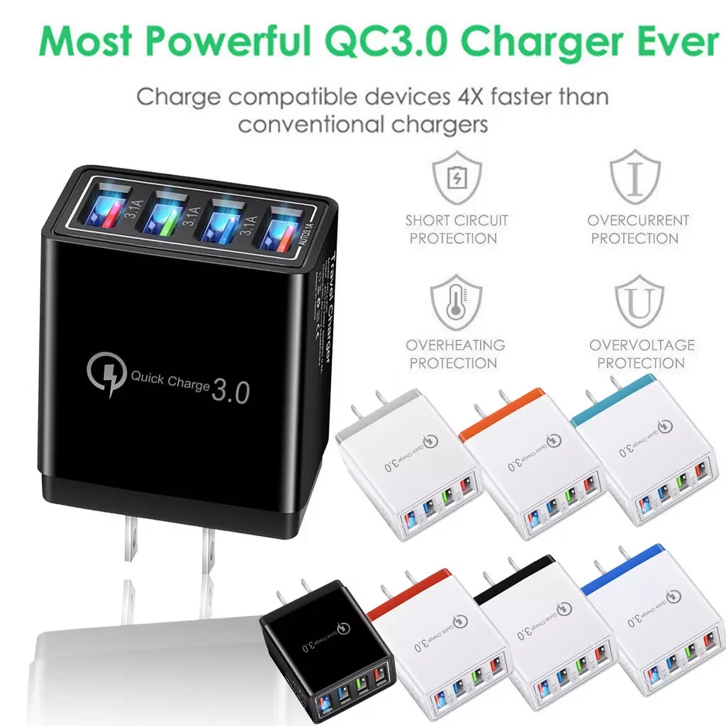 

2023New 4 Port Fast Quick Charge QC 3.0 USB Hub Wall Charger 3.5A Power Adapter Chargers US Plug For Cell Phone зарядное