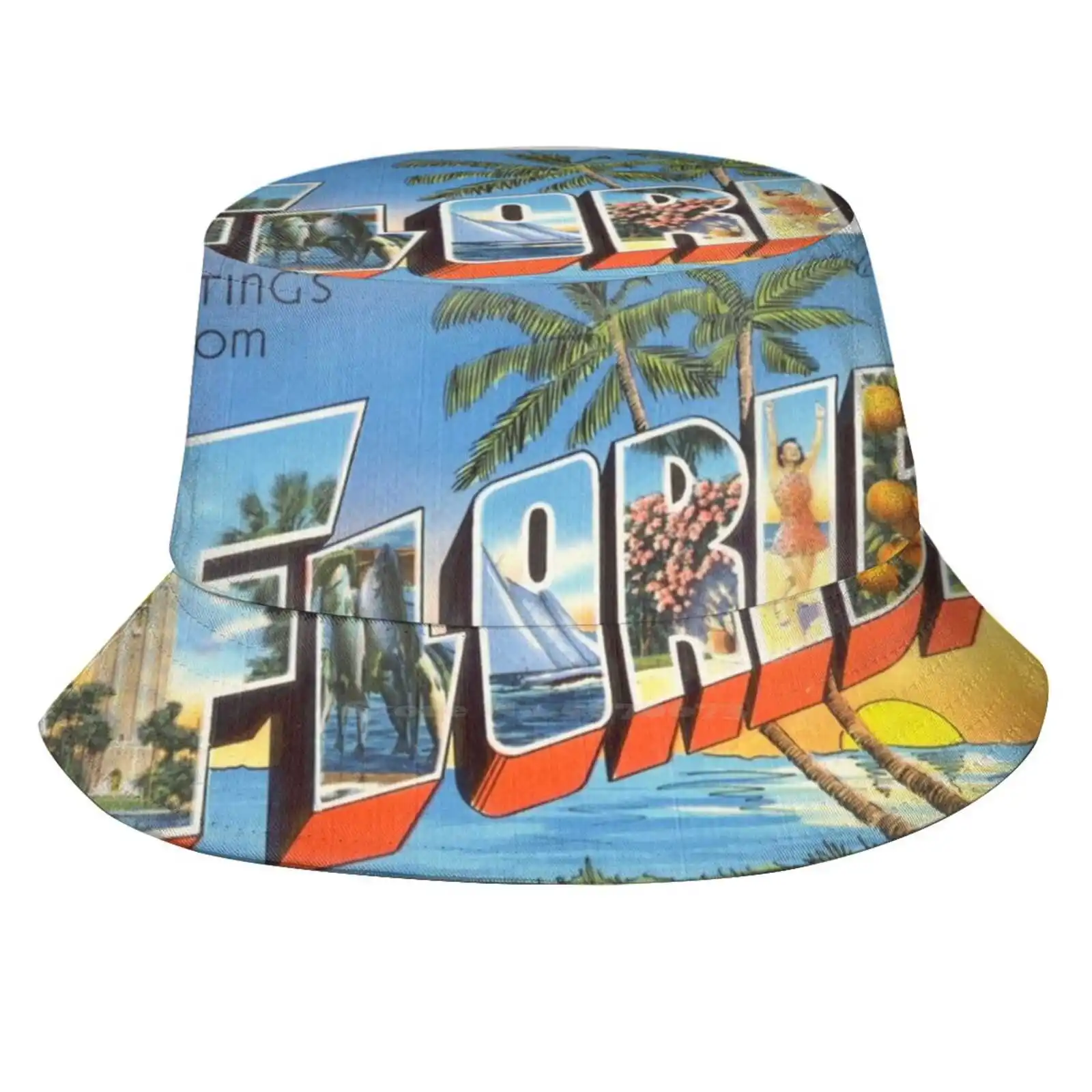 

Greetings From Florida , The Land Of Sunshine Pattern Design Printed Travel Bucket Hats United State Vintage Urban Buildings