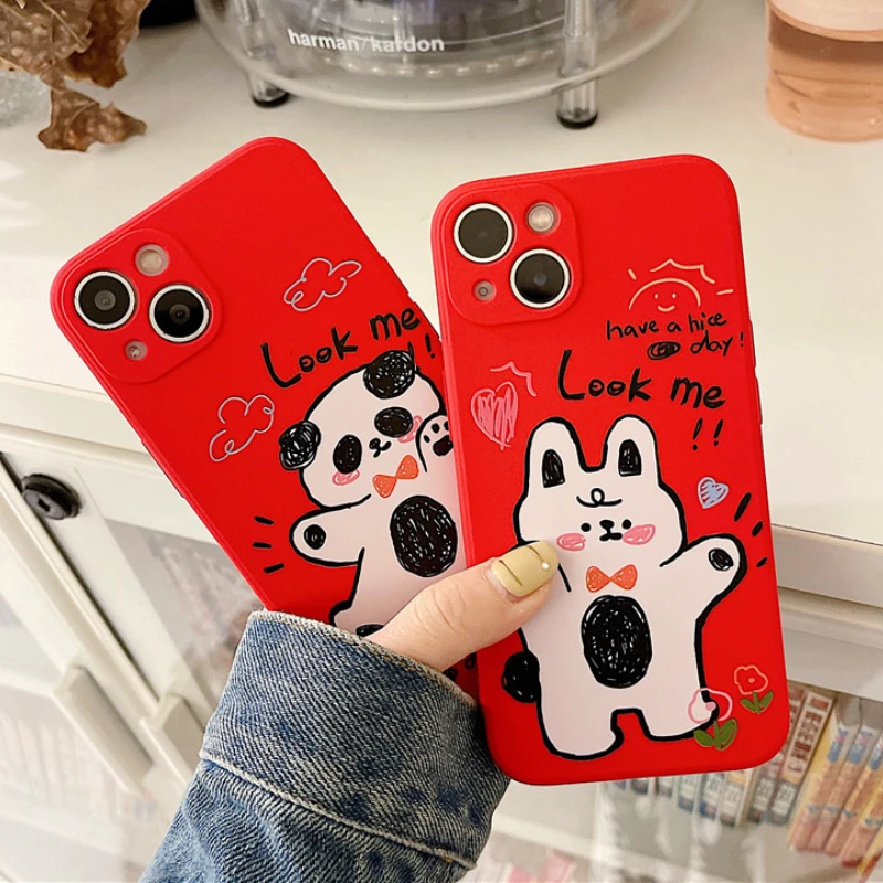 

Cute Rabbit Bear Graffiti liquid Silicone Phone Case For iPhone 13 11 12 Pro X XR XS Max MINI 7 8 Plus Cartoon Couple Soft Cover