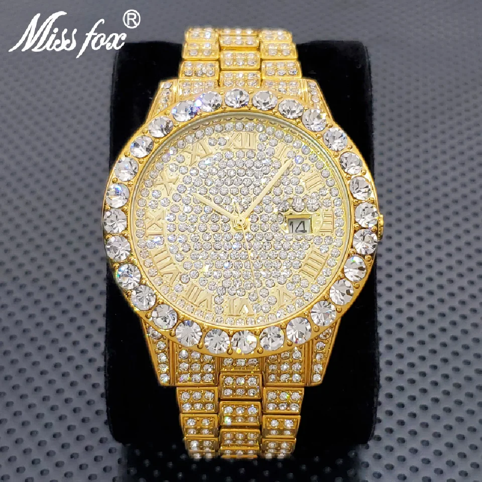 

Hot Luxury Men Diamond Watch Genuine MISSFOX Brand Quartz Wristwatch Hip Hop 18K Gold Male Stainless Steel Waterproof Clock Gift
