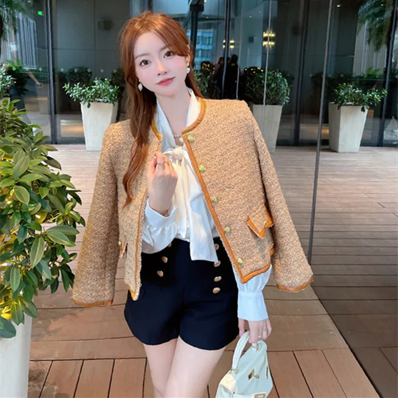 

Женский твидовый костюм в стиле ретро, однобортное шерстяное пальто в Корейском стиле, верхняя одежда, осень-зима 2023