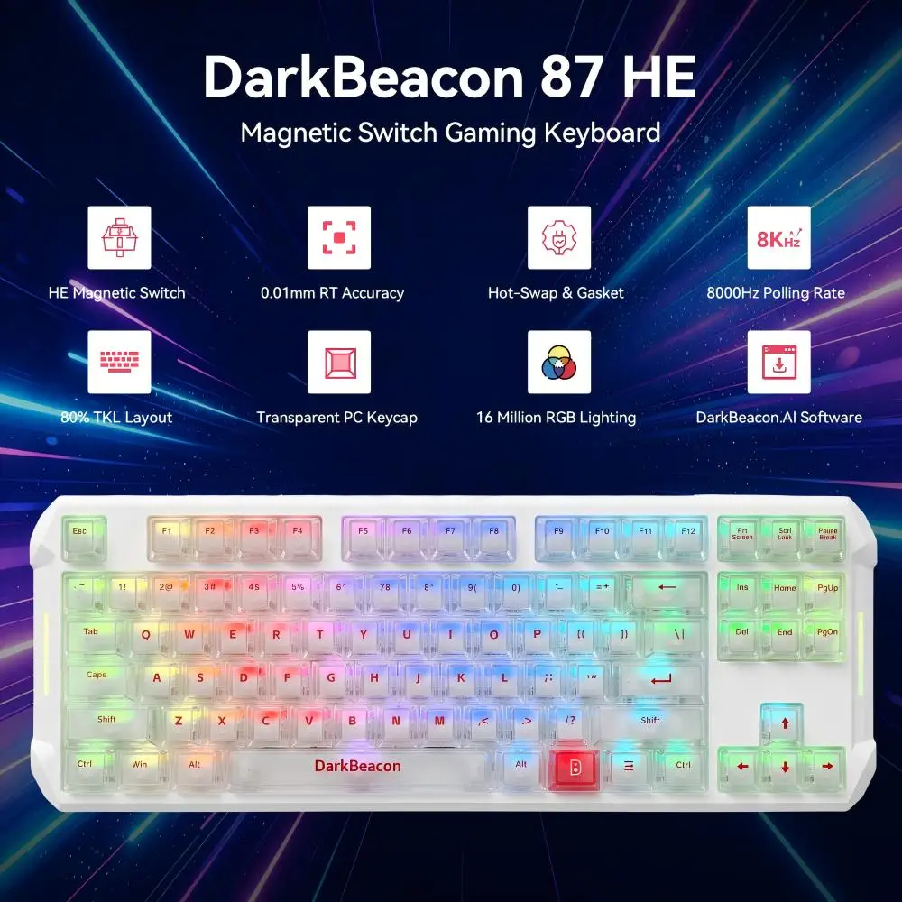 Фото Игровая клавиатура DarkBeacon 80% проводная, 87 клавиш TKL, с магнитными переключателями HE, для PS4, Xbox, ПК, ноутбуков, Mac, раскладка US/Русская/ASNI №1