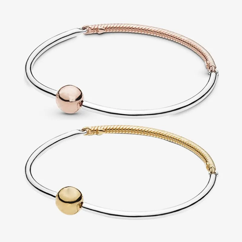 

925 Sterling Silver Pan Bracelet Round Classic Gold Three Link Bracelet Fit European Charm Bracelets Women Jewelry