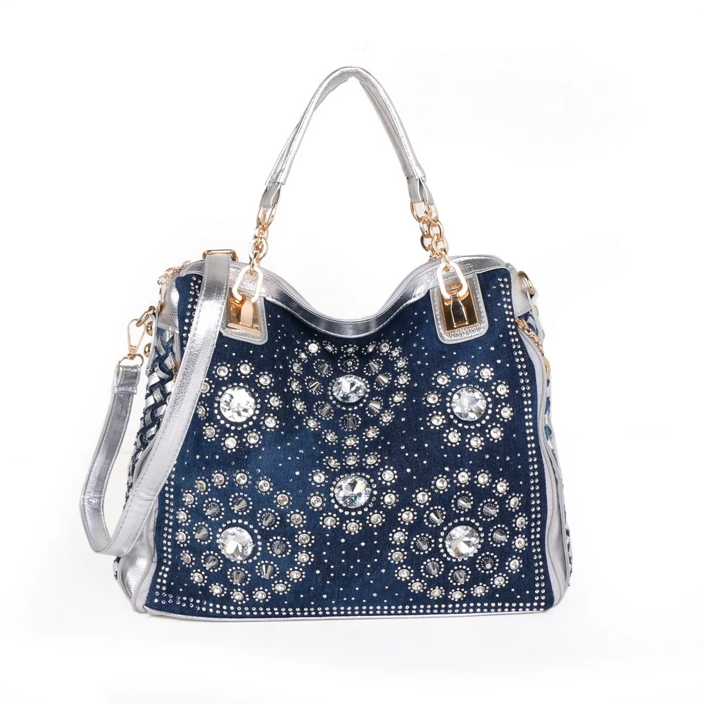

New in Fashion Designer Denim Women Tote Bag with Diamond Jeans Handbag Crystal Shoulder Crossbody Bag
