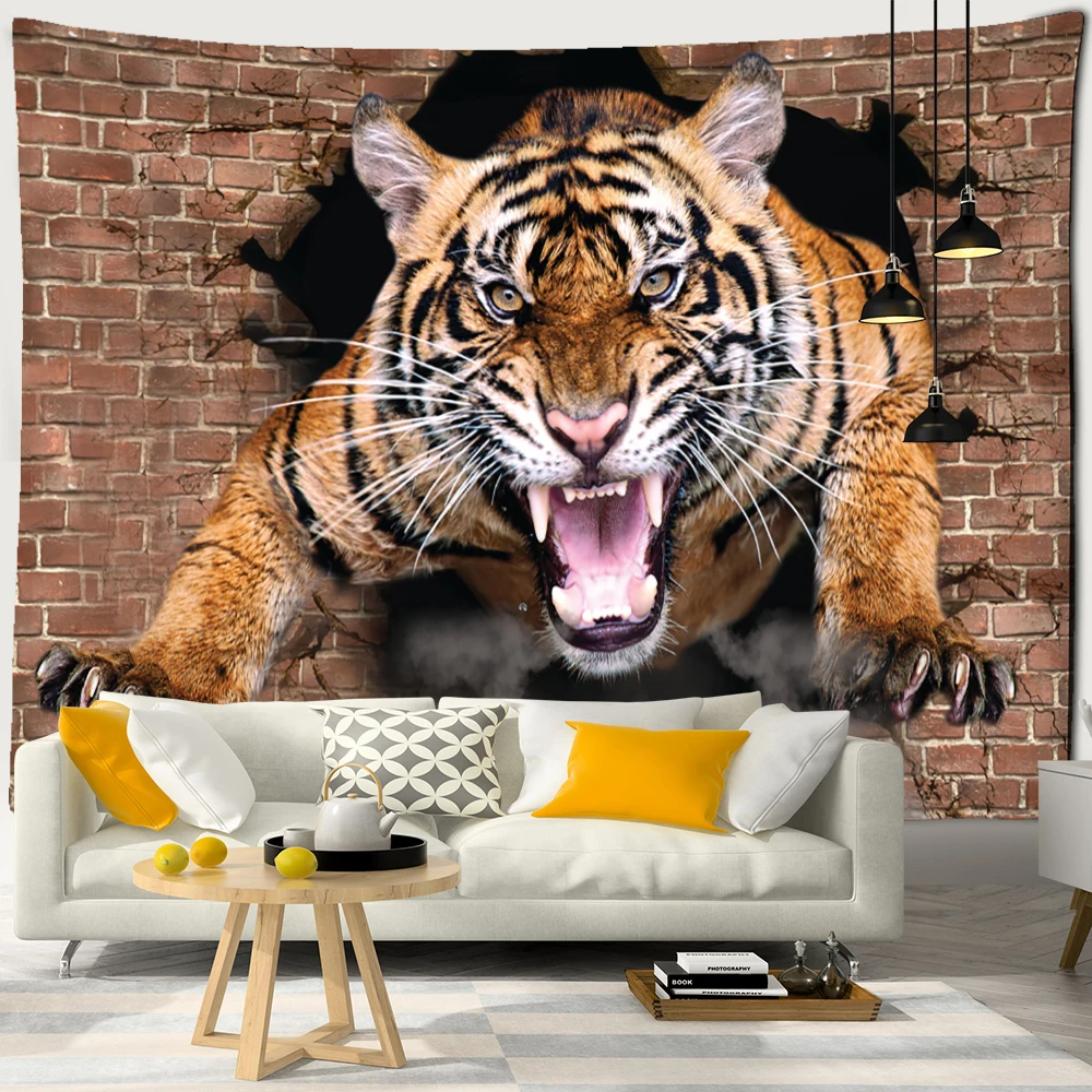 

Hippie Tapestry Ferocious Animal Tigers Lions Cartoon Wall Hanging for Dormitory Backdrop Decoration Doorway Curtains Table Mats