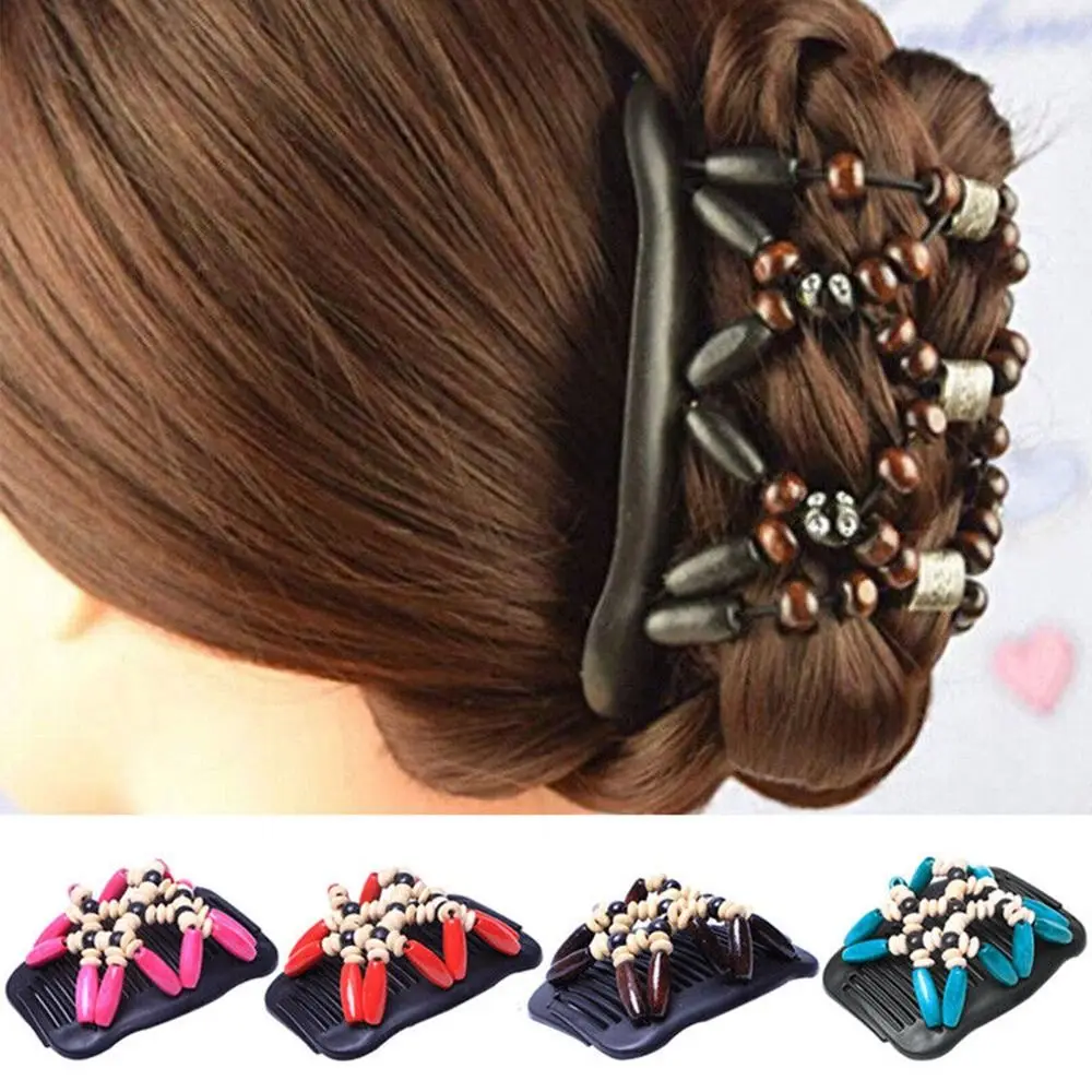 

1PC New Fashion Double Row Comb Women's Magic Wood Beads Hair Comb Double Slide Stretch Hair Clip Hairpin Hairbrush
