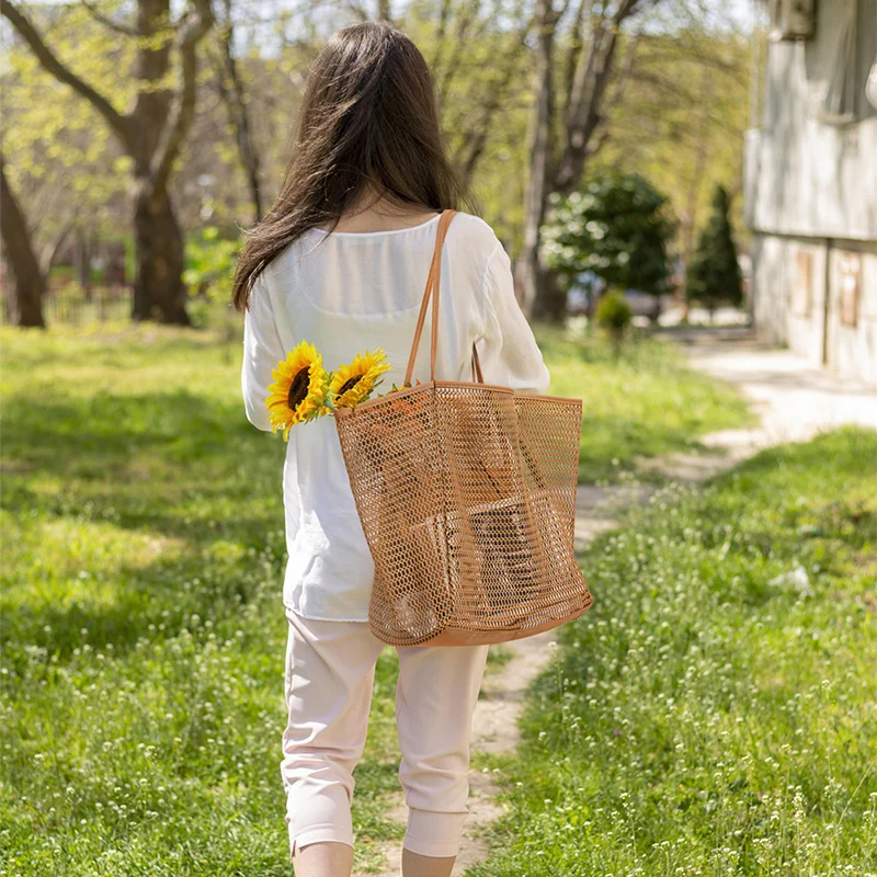 Women Large Capacity Mesh Beach Travel Shoulder Bag Casual Shopper Totes Children's Beach Toy Storage Bag Ladies Handbag Net Bag