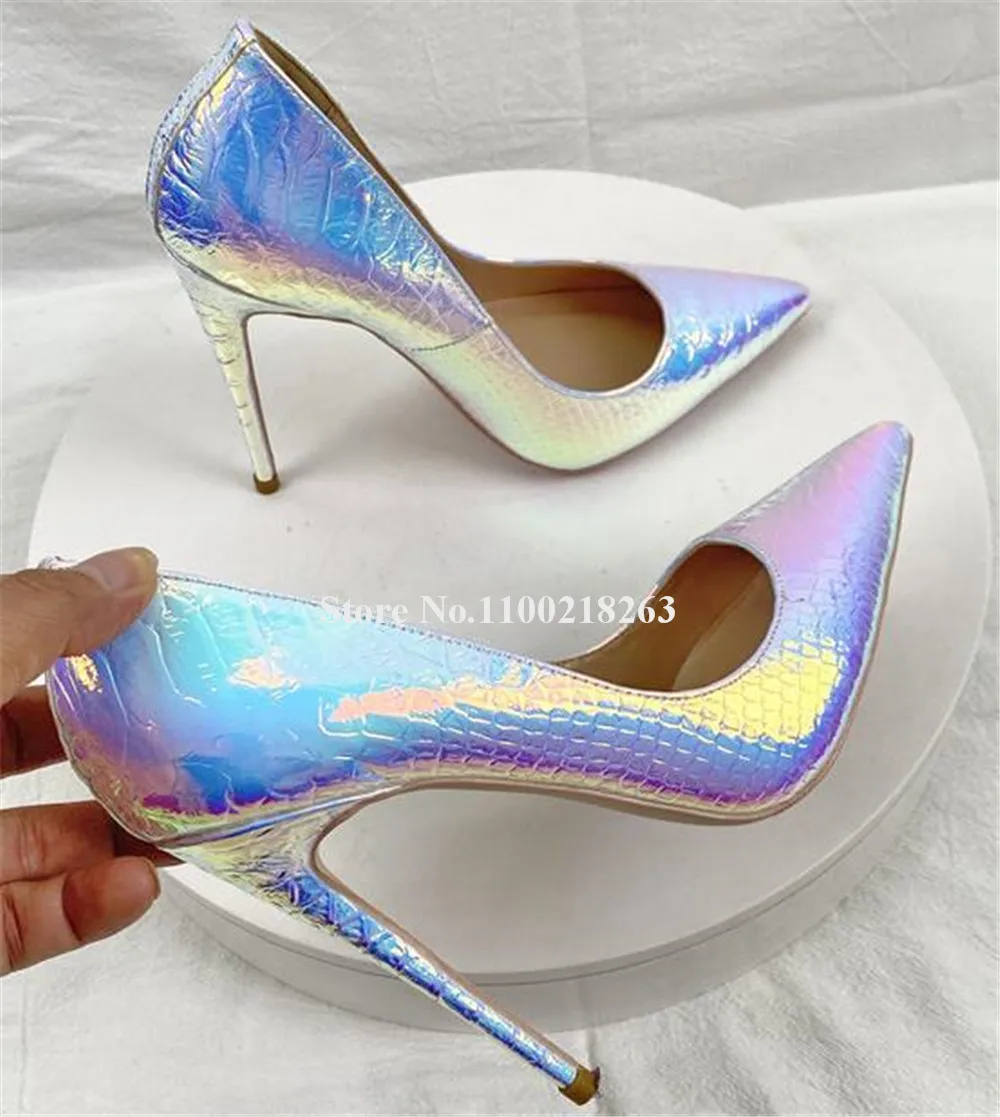

Новинка, серебристые кожаные туфли-лодочки со змеиным градиентом и узором, привлекательные блестящие туфли-лодочки с острым носком на шпильке 12 см, свадебные туфли