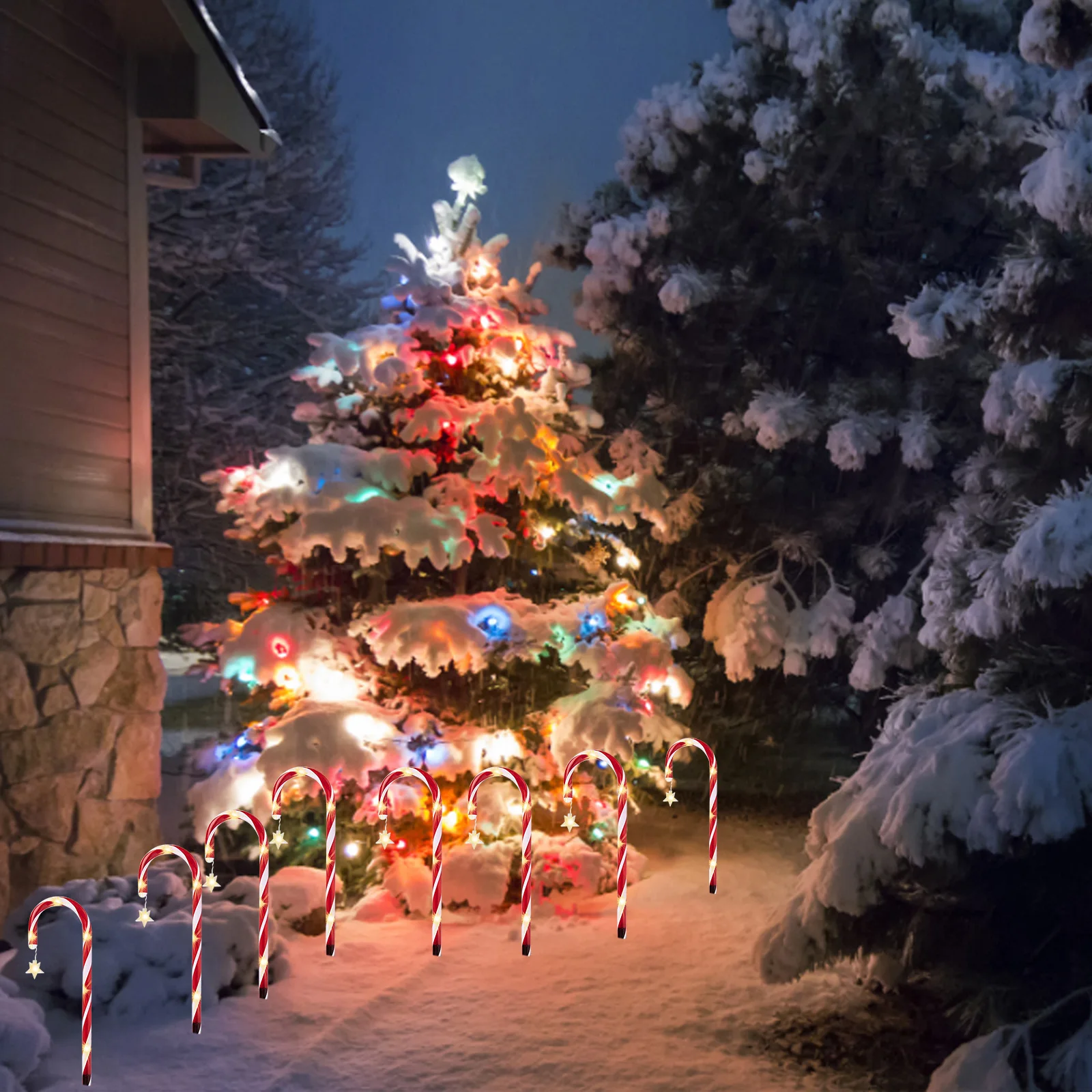 

1 Drag 8 Christmas Candy Staks Lamp Solar 48LED Festive Landscaping Lamps Waterproof Exquisite Art Crafts Holiday Party Ornament