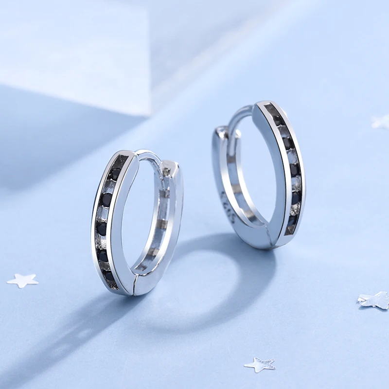 

Vintage 925 Sterling Silver Crystal Earrings for Women Ladies Korea Simple Tiny Round Black Zircon Hoop Earring Fashion Jewelry