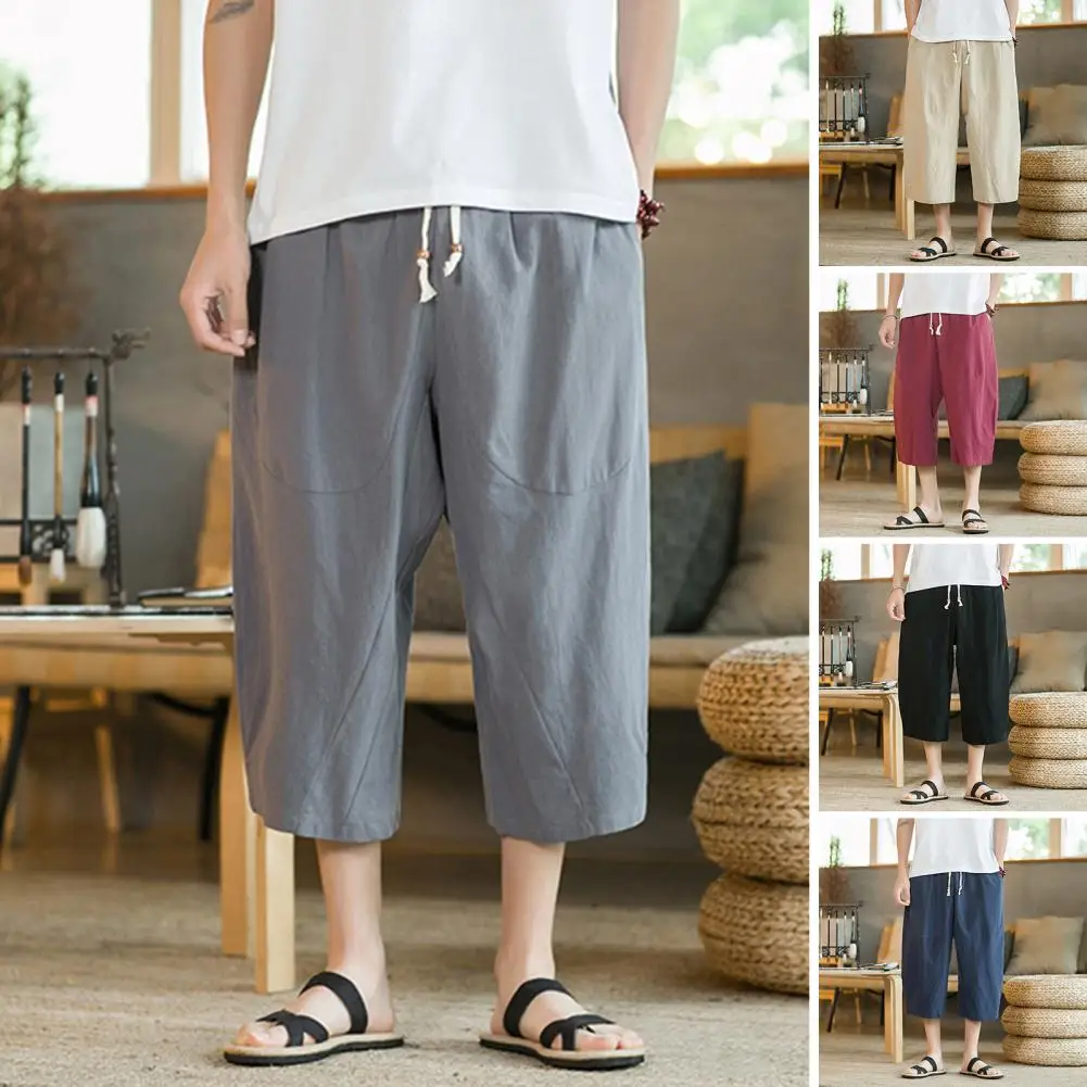 

Stylish Cropped Pants Mid-rise Breathable Summer Men Cotton Linen Pants Comfy Casual Trousers Streetwear
