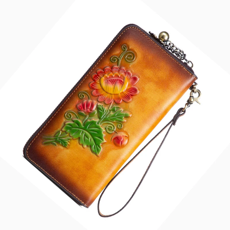 

Женский кошелек из воловьей кожи с тиснением, ручная роспись, роскошный клатч из натуральной кожи, Ретро стиль, держатель для удостоверения личности