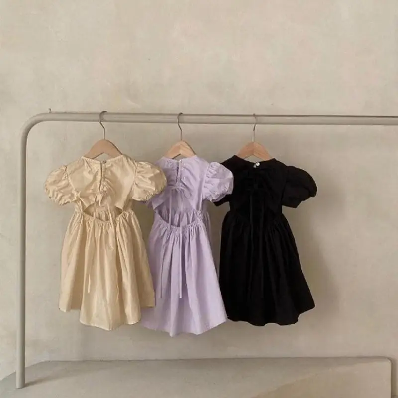 

Sweet Baby Girl Casual Cute Puff Sleeves Open Back Thin Elegant Princess Dress Elastic Waist Cotton Toddler Girls Dresses