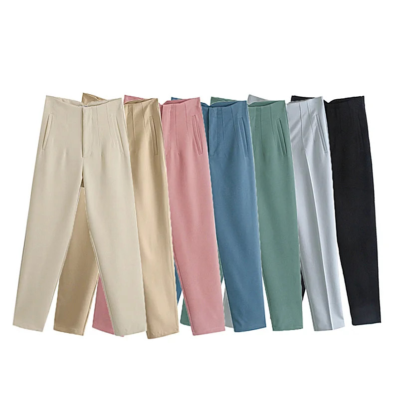 

VNXM 2021 Woman Beige Suit Pants Women's Summer Trousers White High Waist Female Pink Office Trouser Fashion Up Black Blue Pant