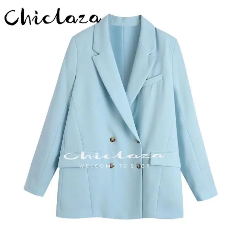 

CHICLAZA 2022 Spring Autumn Women Fashion Solid Color Double Breasted Blazer Coat Female Casual Long Sleeve Jacket Outwear