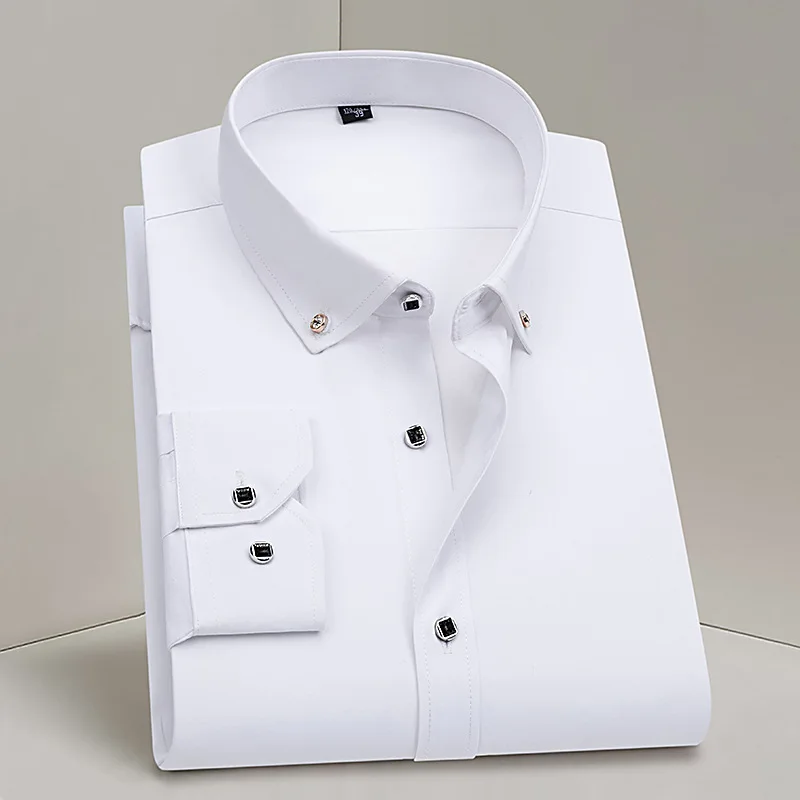 

Рубашка мужская с длинными рукавами, стрейчевая блузка со стразами, на пуговицах, однотонная облегающая деловая белая, не требует глажки, одежда