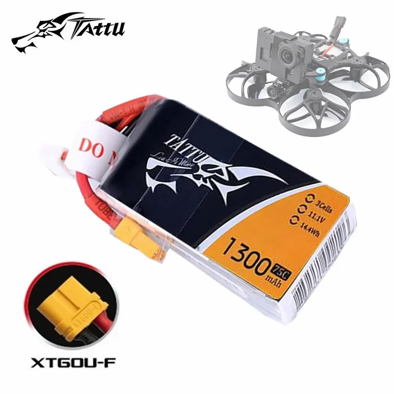 Фото НОВЫЙ TATTU 1300 мАч 75C 11,1 В Lipo аккумулятор с разъемом XT60 для радиоуправляемого вертолета, квадрокоптера, FPV, детали гоночного дрона, аккумулятор 3S №1