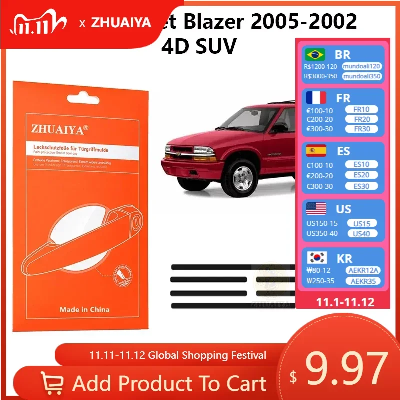 

Защитная пленка ZHUAIYA для красок дверной ручки, защитная пленка из ТПУ для Chevrolet Blazer 2005-2002 4D SUV, автомобильные аксессуары