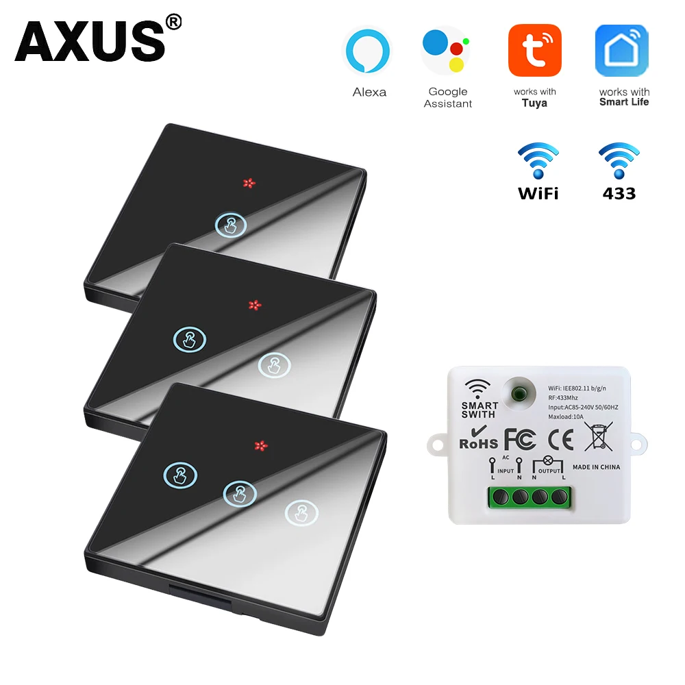 

Беспроводной сенсорный светильник ключатель AXUS Tuya, Wi-Fi выключатель со стеклянной панелью, голосовое управление, Google Home Alexa