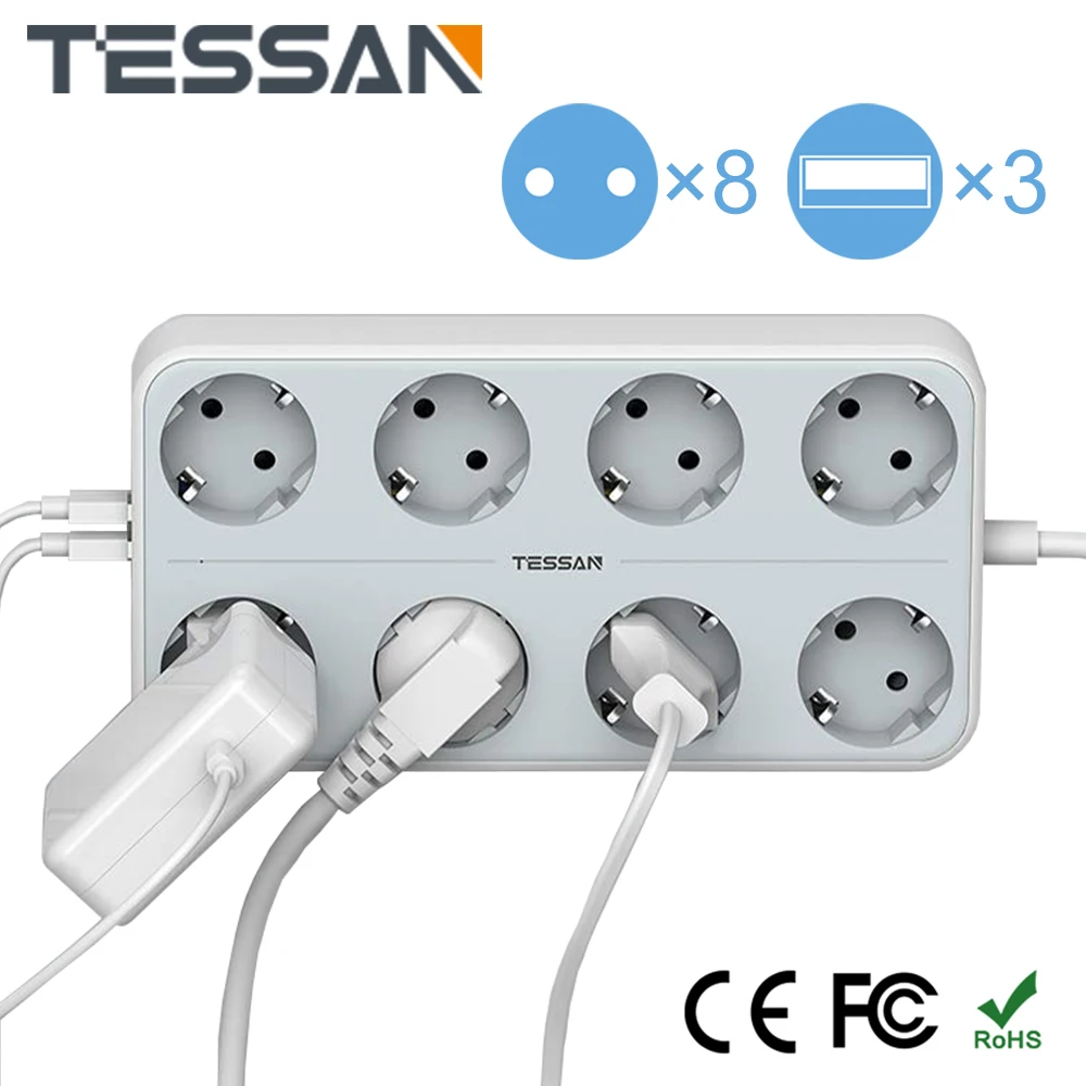 

TESSAN настенный удлинитель для розеток 4/6/8 с европейской вилкой, настольный USB удлинитель с 2 м длинным кабелем и переключателем для дома и офи...