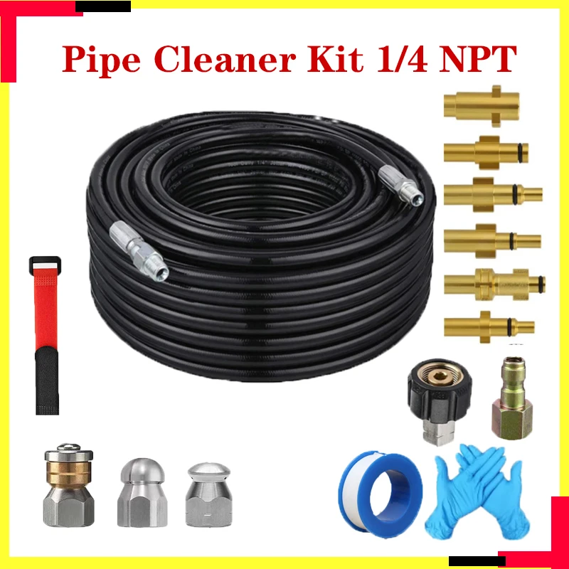 

1-30M Sewer Drain Water Cleaning Hose Pipe Cleaner Kit 1/4 NPT Button Rotating Sewer Jetting Nozzle For Karcher Lavor CarWasher