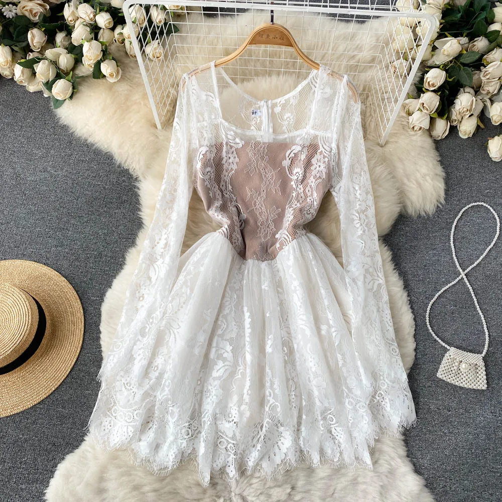 

D344 Women Spring Autumn New Fashion Pure Square Collar Lace Long Sleeve High Waist Slim Tutu Gauze Lace A-line Dress Vestidos