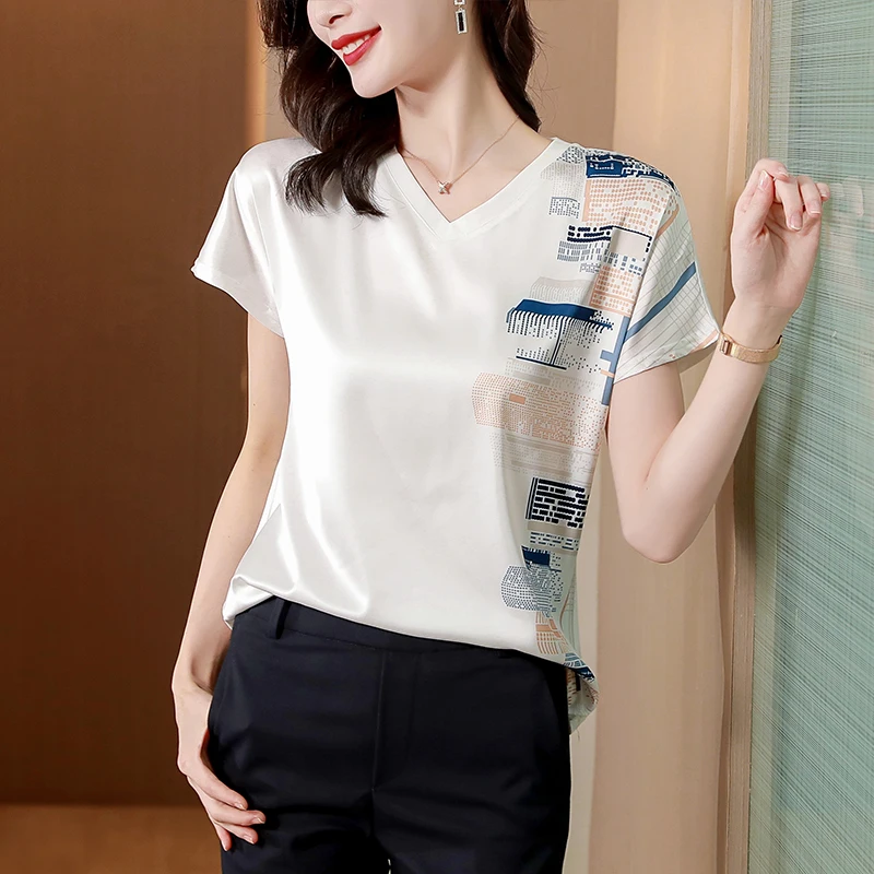 

Silk Cotton Women's T-shirts Summer 2023 New Printed Loose Tees Short Sleeves Top Patchwork V-neck Ladies Clothing YCMYUNYAN