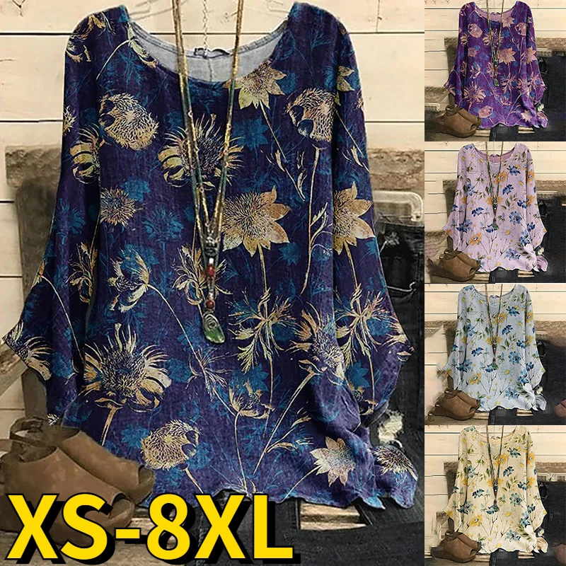 

2022 New Autumn Winter Women Fashion Round Neck T-shirt Women's Loose Size Long Sleeves Elegant Tops Flower Printing Tee Shirt