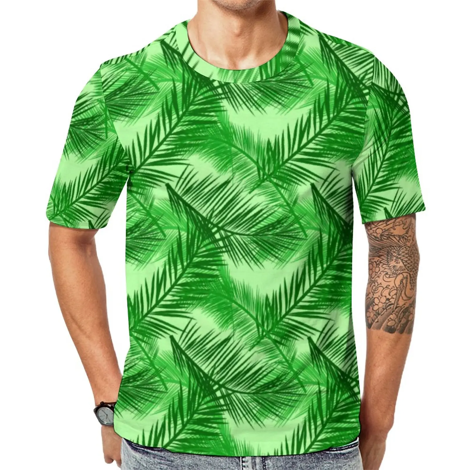 

Футболка мужская с принтом пальмовых листьев, базовая летняя графическая футболка с тропическими листьями, с коротким рукавом, большой раз...