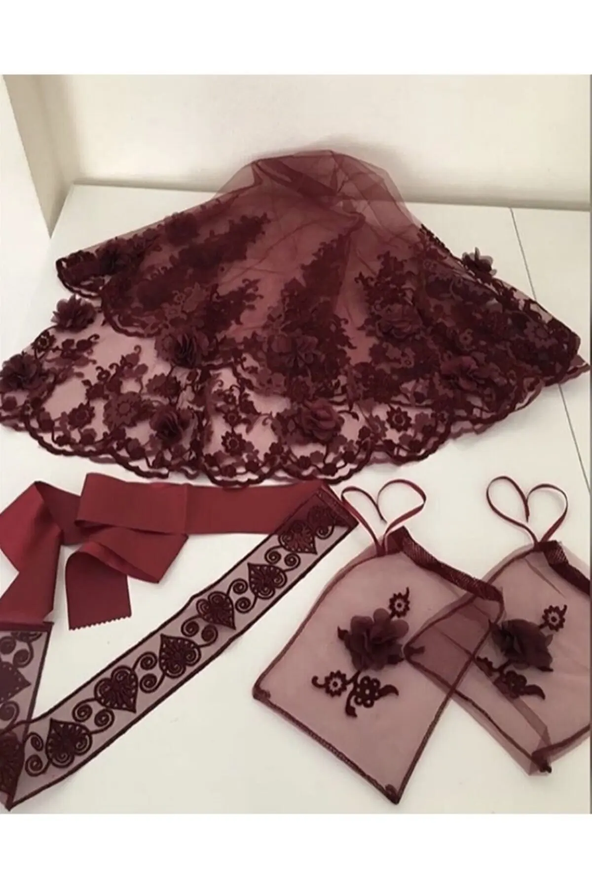 

2022 new Velvet Flock Printing 3d Laser Floral Bridal Veil Belt Gloves Set Henna Night Wedding Bridal Marriage