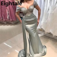 exquisite off shoulder evening dress with appliques beads 2022 mermaid silver satin dubai women formal party evening gown