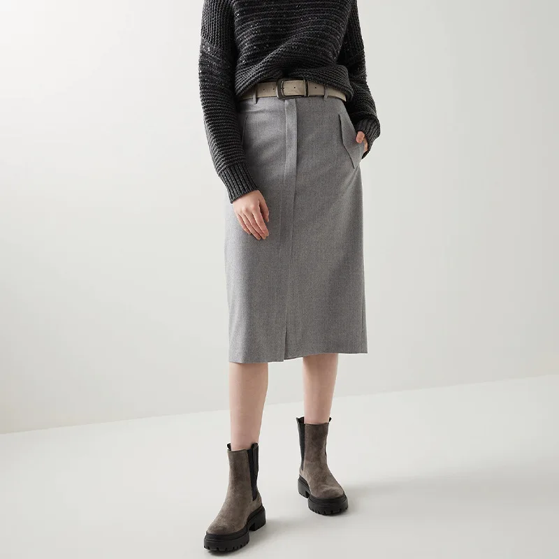 Grey Wool Slit Skirt Women's 2022 Spring New European and American Luxury Solid Color Straight Temperament Mid Skirt Women