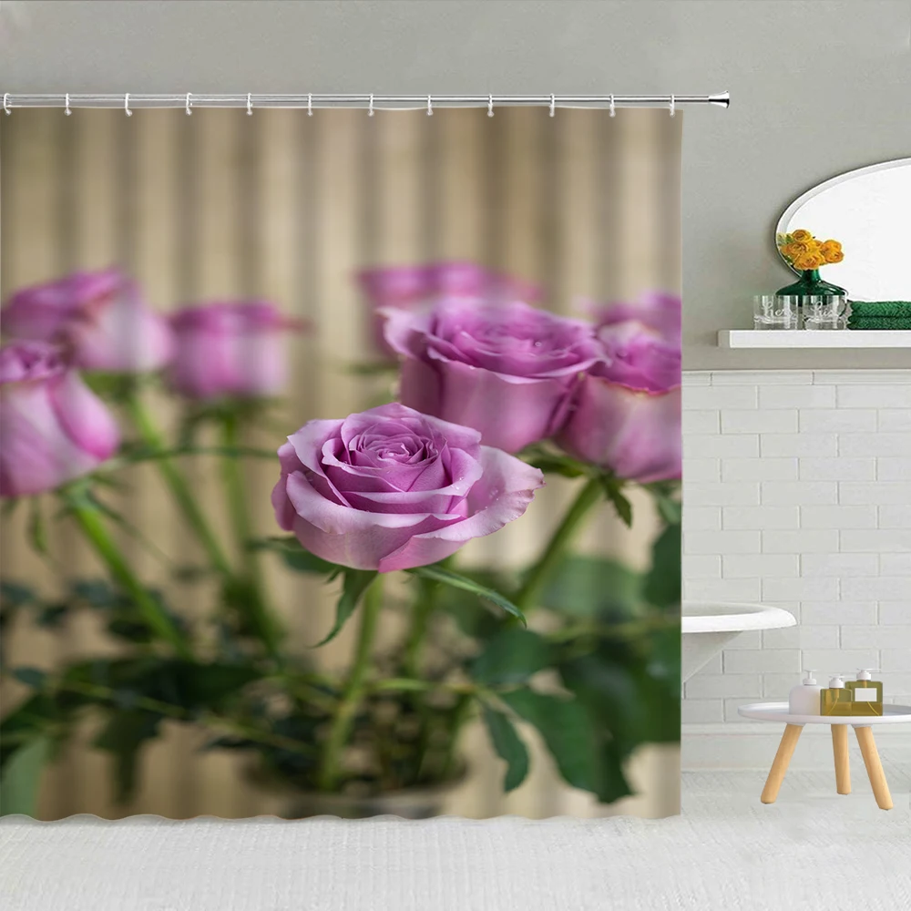 

Scenery Shower Curtains Rose Flower Green Leaves Romantic Woman Bathroom Bath Decor Waterproof Cloth Hooks Curtain